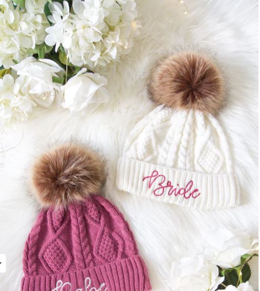 BABE AND BRIDE KNITTED POM POM BEANIES WINTER COLD SEASON LADIES WOMEN'S PINK WHITE