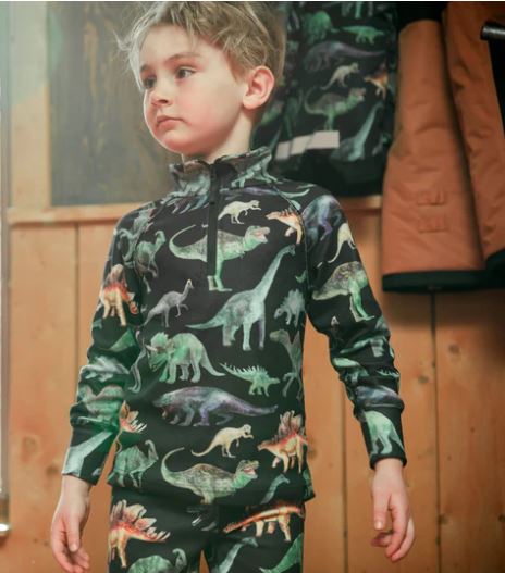 TWO PIECE THERMAL UNDERWEAR BLACK WITH DINOSAUR PRINT FOR KIDS WINTER COLD SEASON