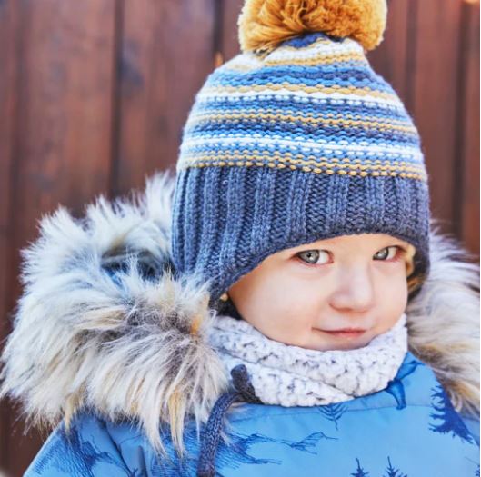 50% OFF BABY EARFLAP GREY YELLOW AND BLUE STRIPED WINTER HAT WITH FLUFFY POMPOM ON TOP