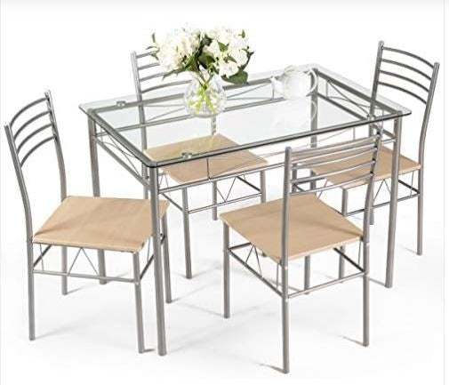 Giantex 5 Piece Dining Table Set, Kitchen Dining Set with Tempered Glass Table Top and 4 Chairs, Dinette Set for 4 for Breakfast Nook Dining Room Kitchen (Transparent)