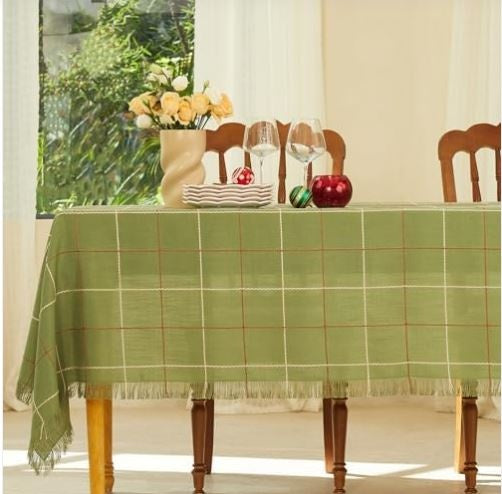 Midsummer Breeze Christmas Tablecloth Rectangle Table-Rustic Cotton Tablecloths Craft Fringed Farmhouse Table Cloth for Holiday Kitchen Dining Room (55×70 Inch, Green Plaid)