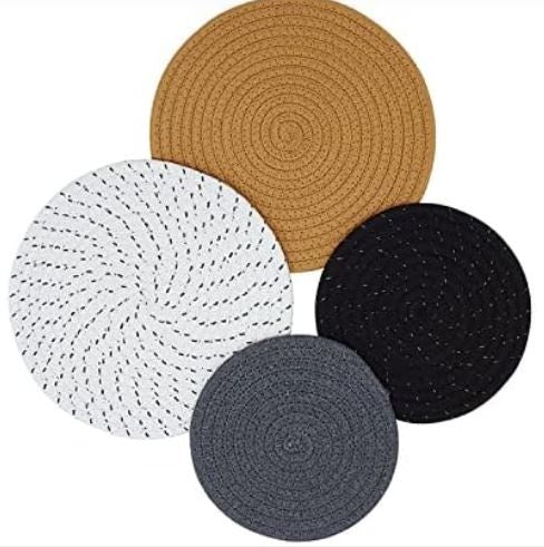 Coomin Trivets for Hot Dishes and Pans, 4Pcs Heat Resistant Pot Holders for Kitchen, 9.5 inch and 7 inch Handmade Woven Potholders, Cotton Pad Mats for Quartz Countertops and Table, Home Decor