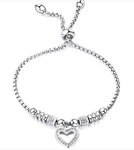 Jude Jewelers Stainless Steel Heart Charm Adjustable Size Beaded Strand Style Wedding Statement Holiday Bracelet