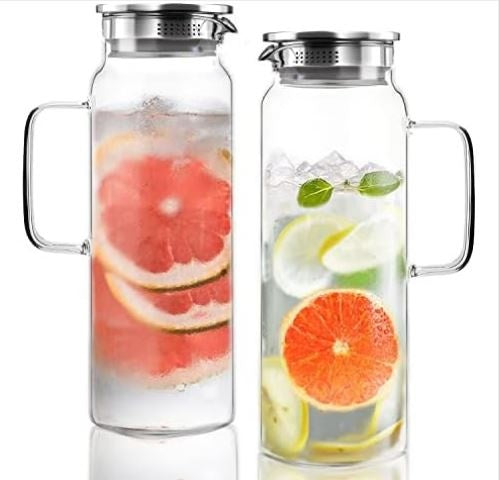 2 Glass Pitcher with Lid,2 Quart (64 oz / 1.9 Liter) Leak Proof,Glass Water Jugs, BPA-Free,Microwave & Dishwasher Safe Pitcher,Sun & Iced Tea, Sangria,Cold Brew Coffee & More