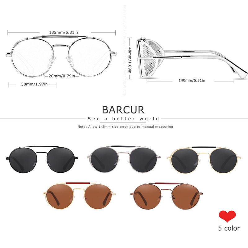 BARCUR Polarized Steampunk Round Sunglasses Men Retro Sun Glasses For Women Vintage Style