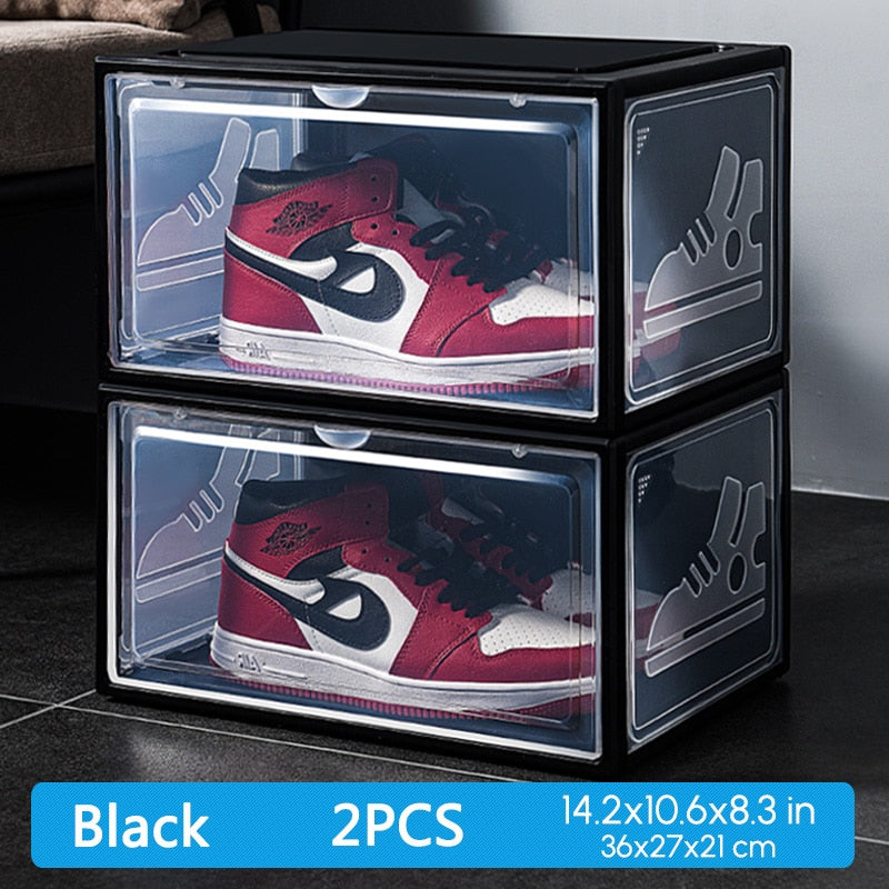 2pcs Transparent Sneaker Shoe Box Dust-proof Storage Box Stackable Shoe Cabinet High-top Dustproof AJ Shoes Organizers Shoe Rack