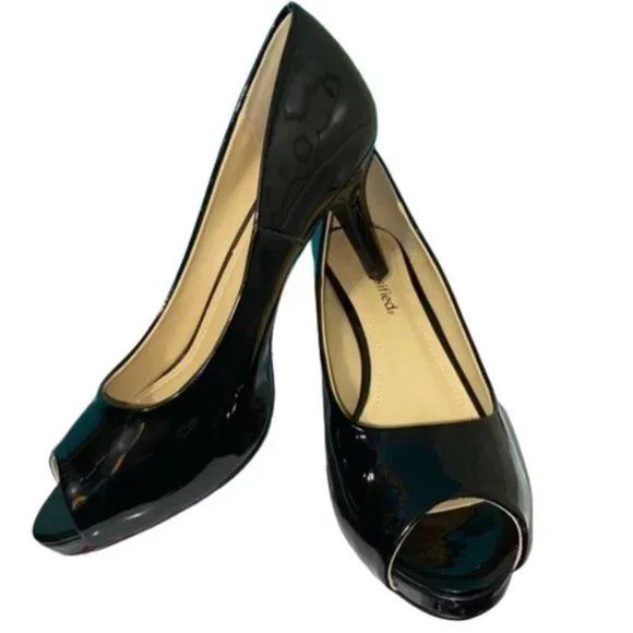 New Black Shiny Cityclassified Short Peep Toe Pumps‎ Size 7.5. Women's Fashion.