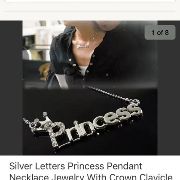 Brand New Silver Letters "Princess" Pendant Necklace with Crown. Fashion Jewelry