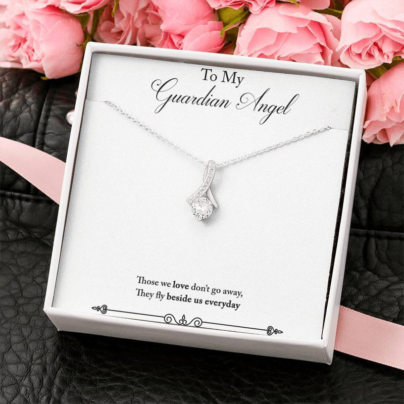 CARD#61- To My Guardian Angel " 18K White Gold Plated Ribbon Love Necklace made with Crystals