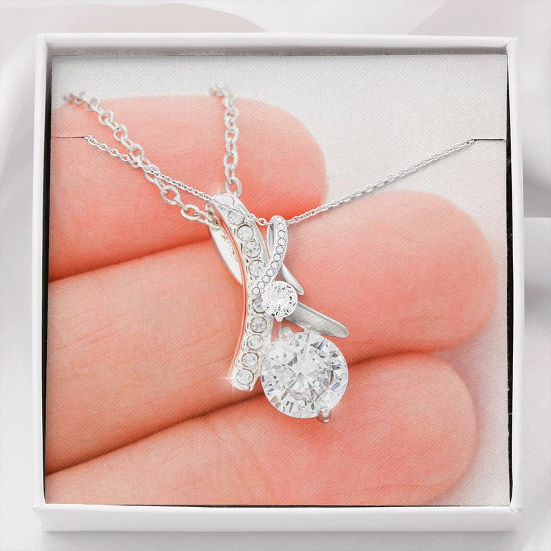 18K White Gold Plated Ribbon Love Necklace made with Crystals