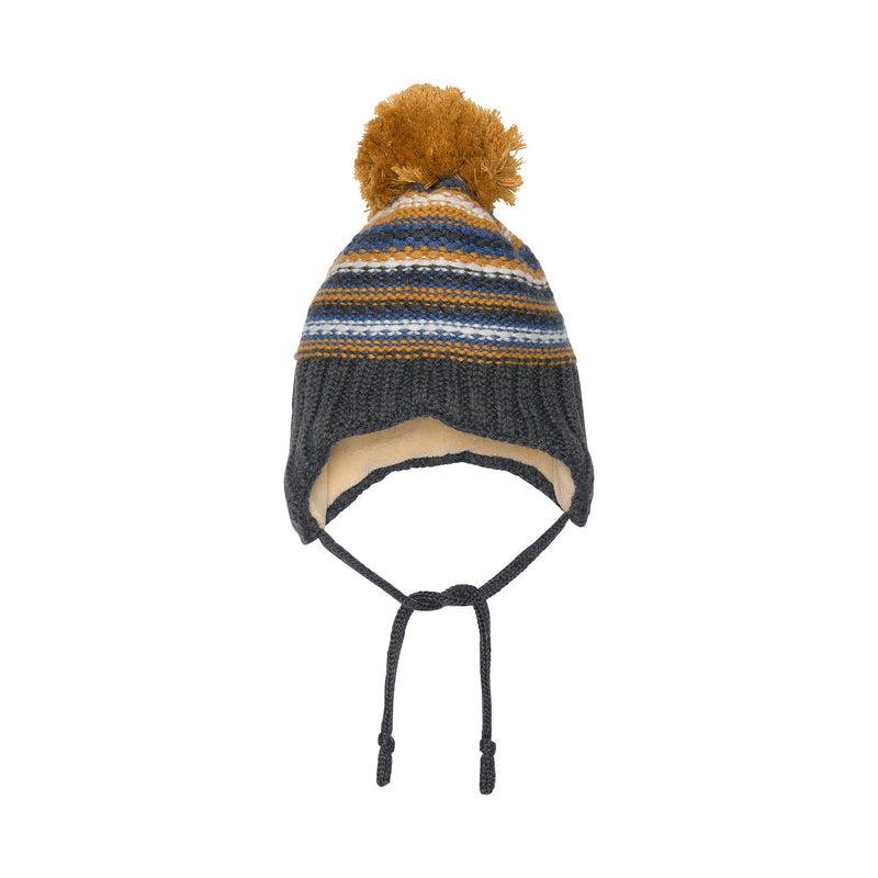 50% OFF Baby Earflap Grey Yellow and Blue Striped Winter Hat With Fluffy Pompom On Top