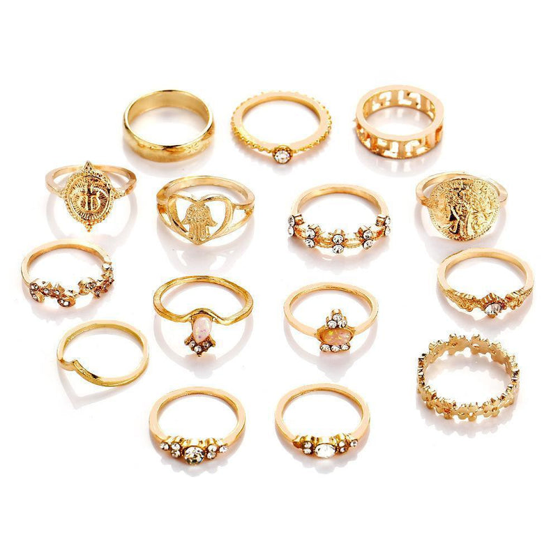 15 Piece Assorted Ring Set With Austrian Crystals 18K Gold Plated Ring