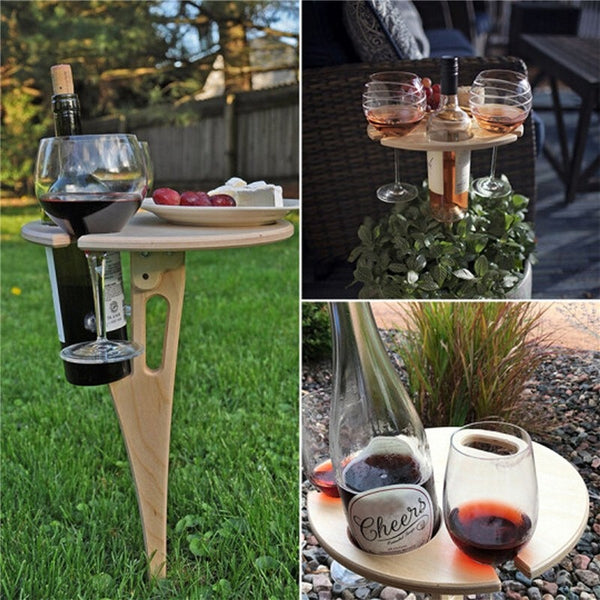 Mini Wooden Picnic Wine Table with Foldable Round Desktop