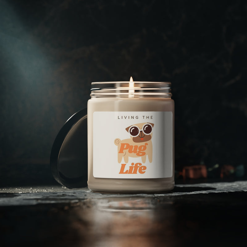 " Living The Pug Life " Scented Soy Candle, 9oz Birthday Gifts Holiday Gift White Sage Clean Cotton Lavender Sea Salt Scent