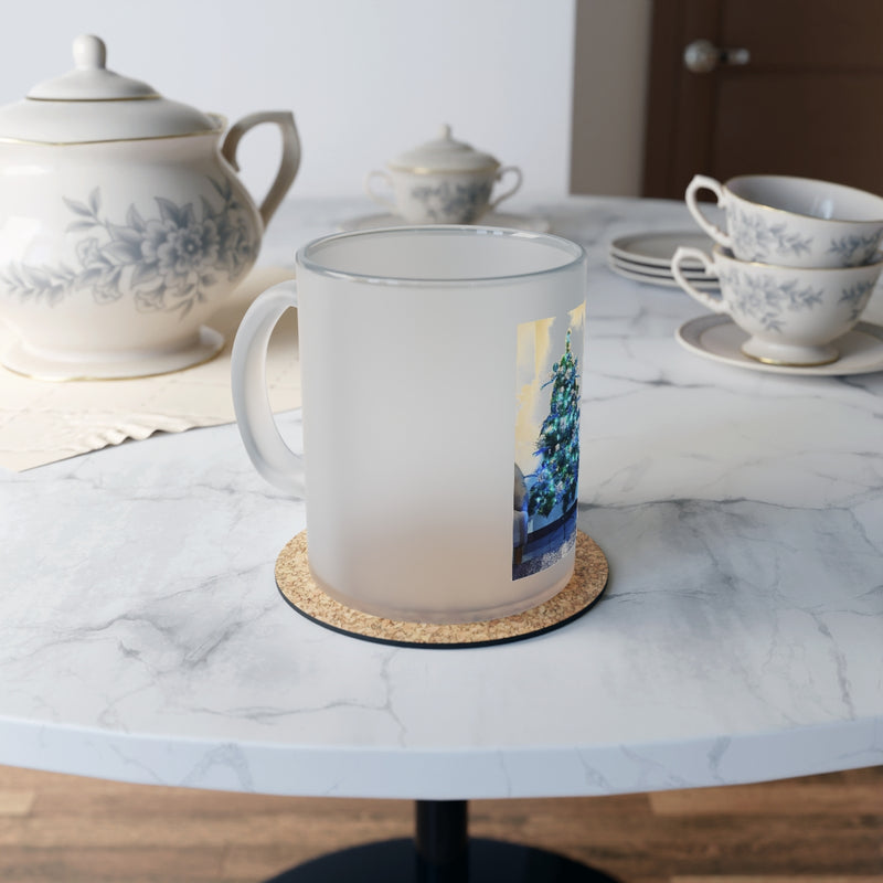 " Blue Christmas Tree " Design Frosted Glass Mug Birthday Gift Holiday Gifts Coffee Tea Home Decor