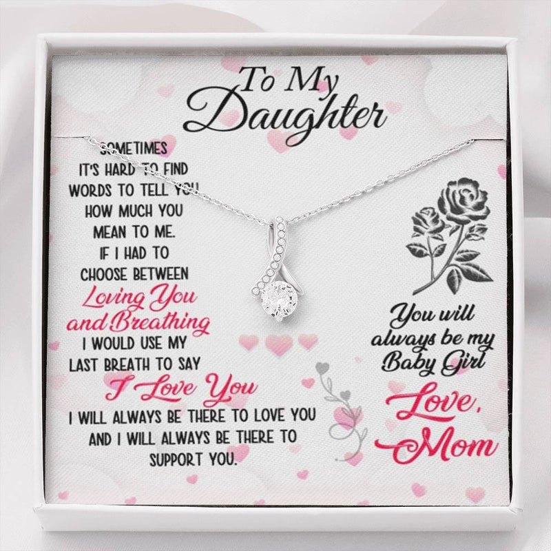 CARD#3- " To My Daughter " 18K White Gold Plated Ribbon Love Necklace made with Crystals