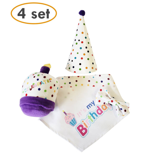Dog Birthday Set - Plush Squeaker Toy, Bandana, Hat & Bow Tie - 4 Pieces