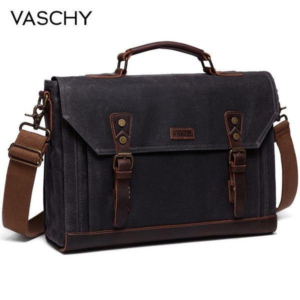 VASCHY Canvas Messenger Bag for Men Vintage Leather Bag Men Waxed Canvas Briefcase Men for 17.3 inch Laptop Office Bags for Men