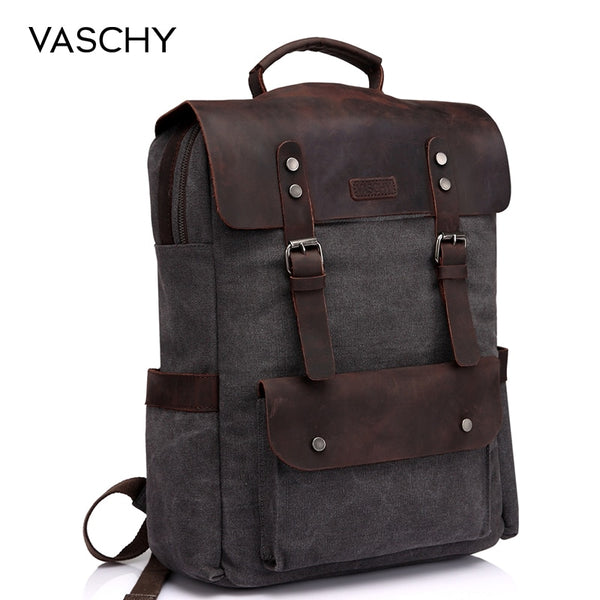 VASCHY Leather Laptop Backpack Travel Leisure Casual Canvas Campus School Rucksack with 15.6 Inch Laptop Compartment