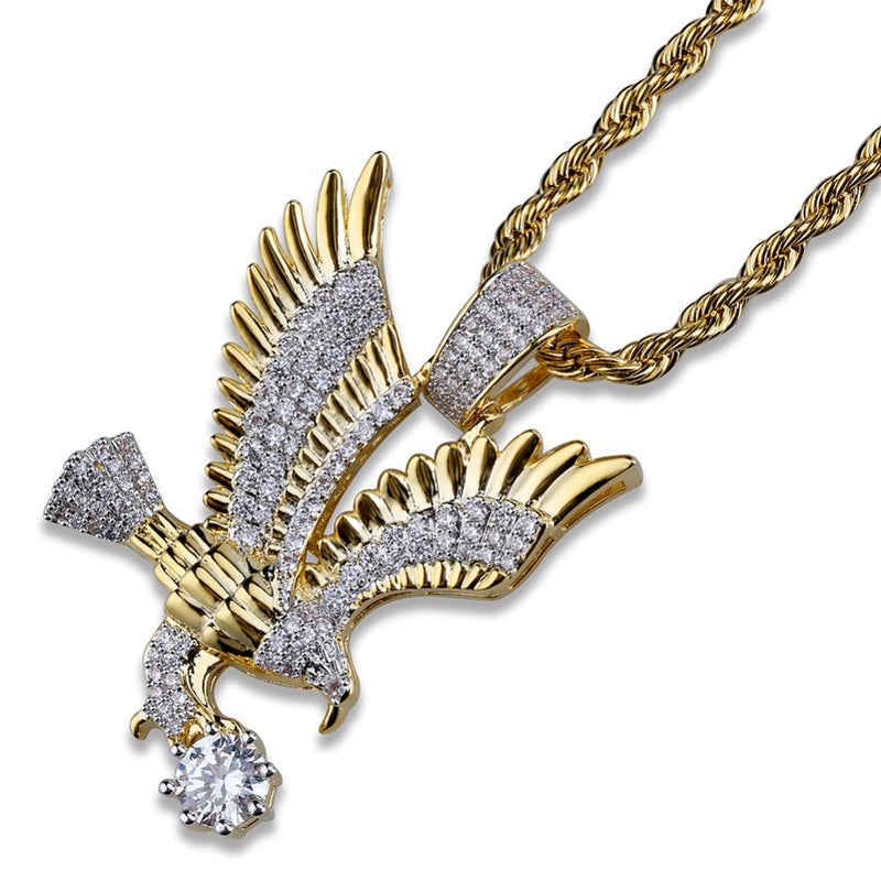TOPGRILLZ Hip Hop Gold Color Plated Copper Iced Out Micro Paved CZ Eagle Pendant Necklace Men Charm Jewelry Three Style Chains