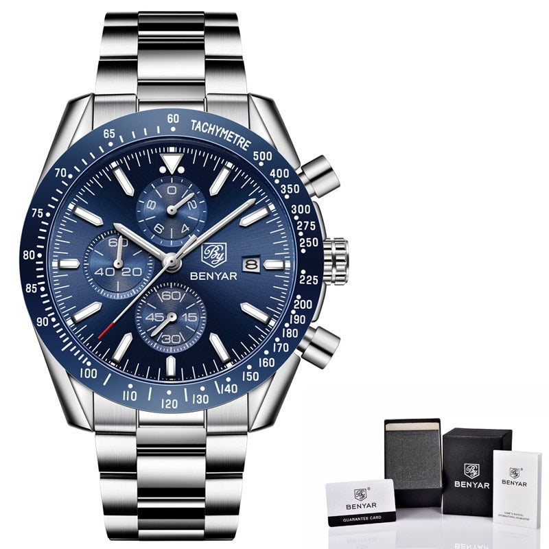 BENYAR Men's Watches Brand Luxury Silicone Strap Waterproof Sport Quartz Chronograph Military Watch Men Clock