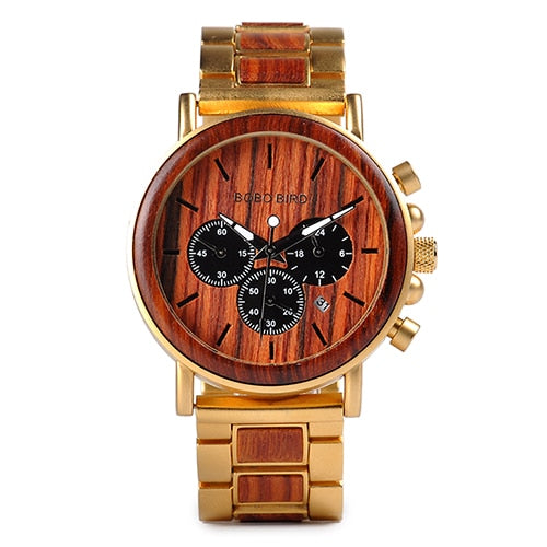 BOBO BIRD Gold Watch Men Luxury Brand Wooden Wristwatches Male Date Display Stop Watches
