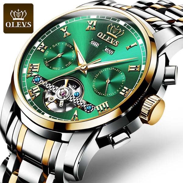 OLEVS Automatic Mechanical Men Watches Stainless Steel Waterproof Date Week Green Perpetual Calendar Classic Luxury Wrist Watch
