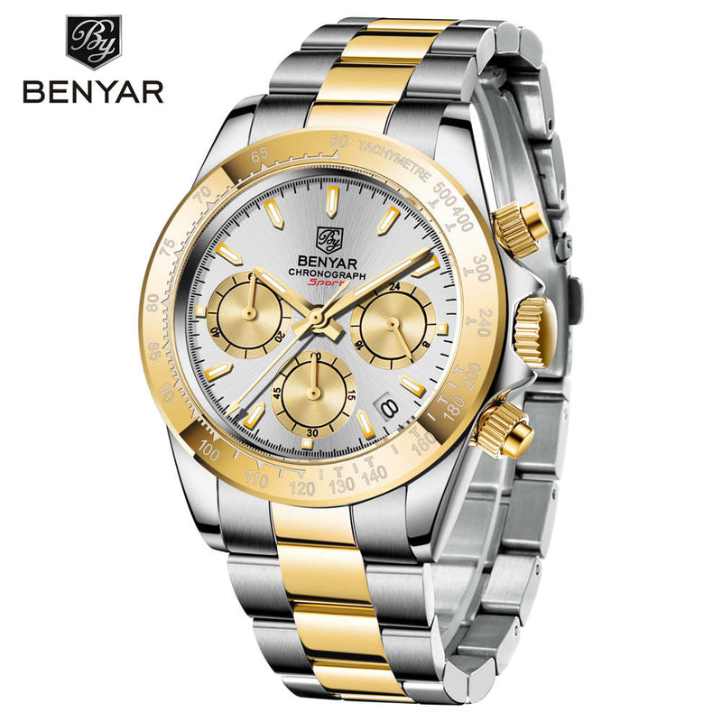 BENYAR Sports Men Quartz Wrist Watch 3Bar Waterproof Stainless Steel Watch for Men Luxury Fashion Chronograph