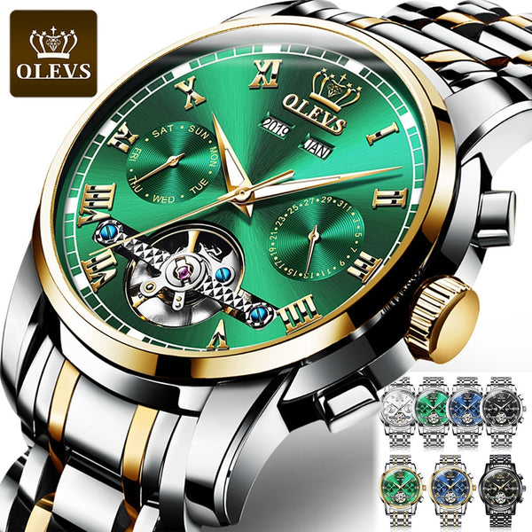 OLEVS Automatic Mechanical Men Watches Stainless Steel Waterproof Date Week Green Perpetual Calendar Classic Luxury Wrist Watch