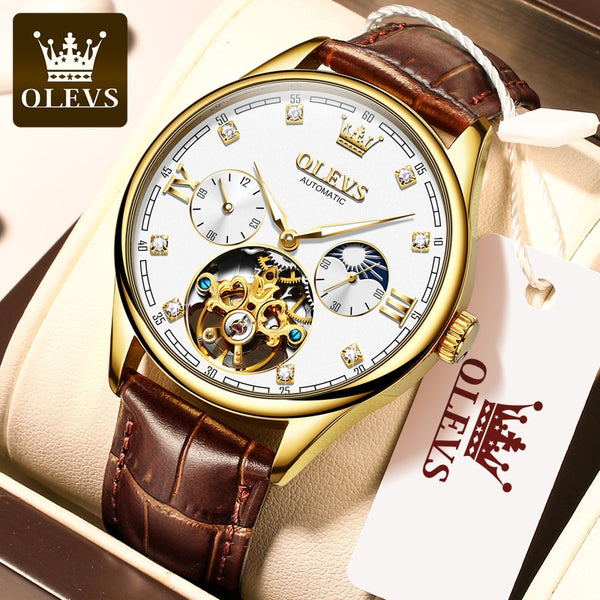 OLEVS Classic Men's Mechanical Watches Automatic Watch Tourbillon Clock Genuine Leather Waterproof Military Wristwatch