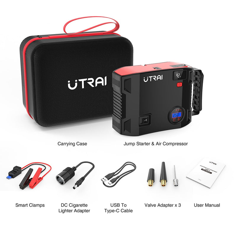 UTRAI 4 In 1 2000A Jump Starter Power Bank 150PSI Air Compressor Tire Pump Portable Charger Car Booster Starting Device