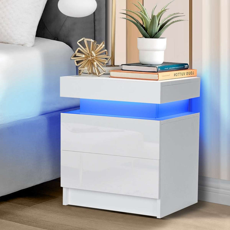 Modern RGB LED Night Table with 2 Drawers Organizer Storage Cabinet Bedside Table Home Bedroom Furniture Nightstands for Night