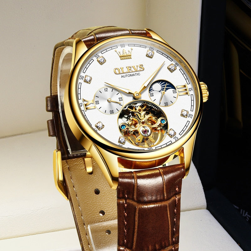 OLEVS Classic Men's Mechanical Watches Automatic Watch Tourbillon Clock Genuine Leather Waterproof Wristwatch