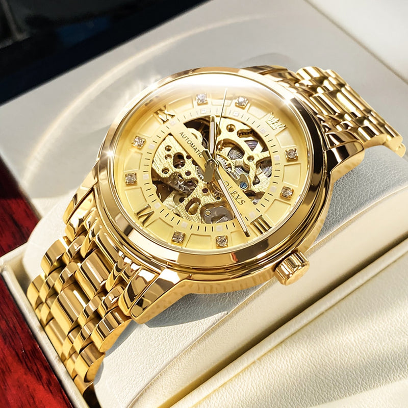OLEVS Watch for Men Skeleton Luxury Waterproof Luminous Stainless Steel Automatic Mechanical Watch Male Wrist Watch