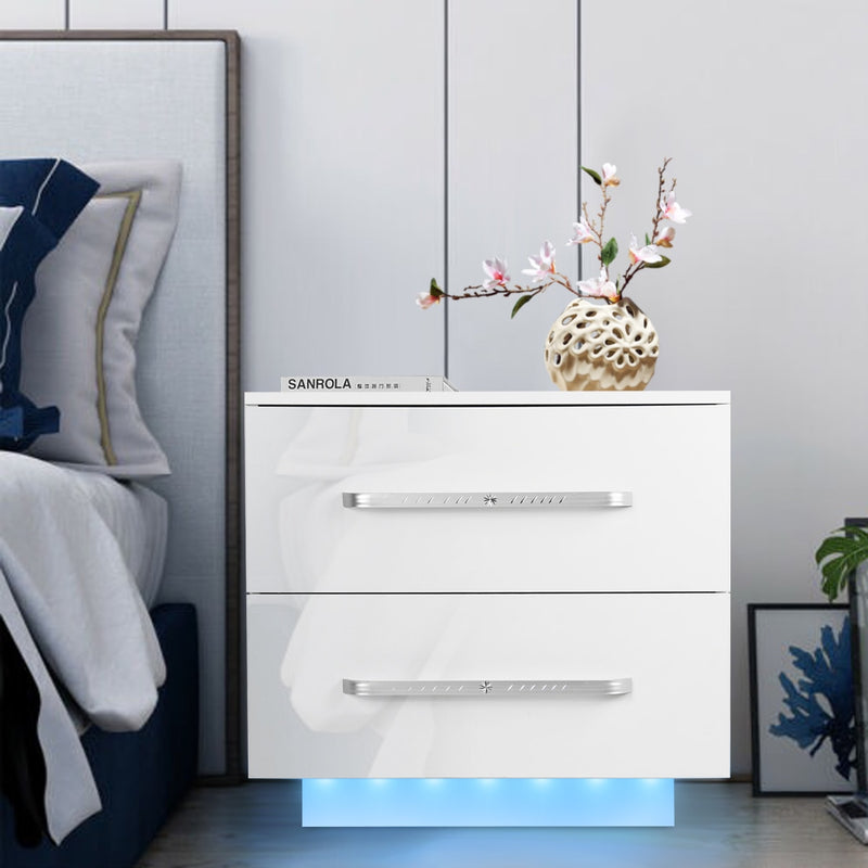 Modern RGB LED Night Table with 2 Drawers Organizer Storage Cabinet Bedside Table Home Bedroom Furniture Nightstands for Night