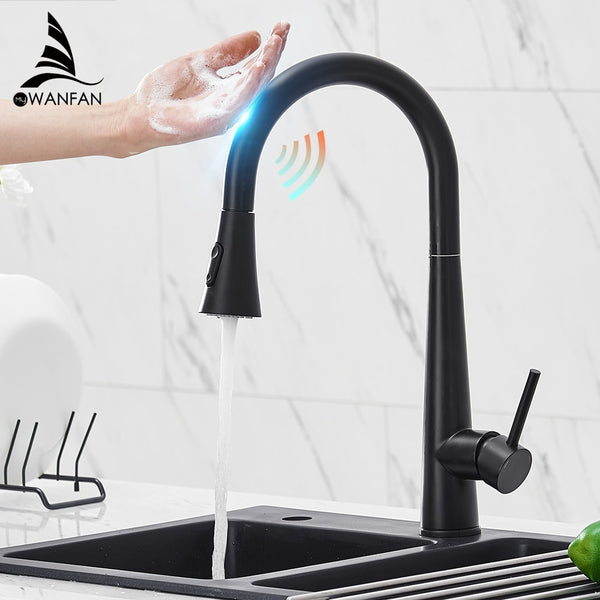 Pull Out Black Sensor Kitchen Faucets Stainless Steel Smart Induction Mixed Tap Touch Control Sink Tap