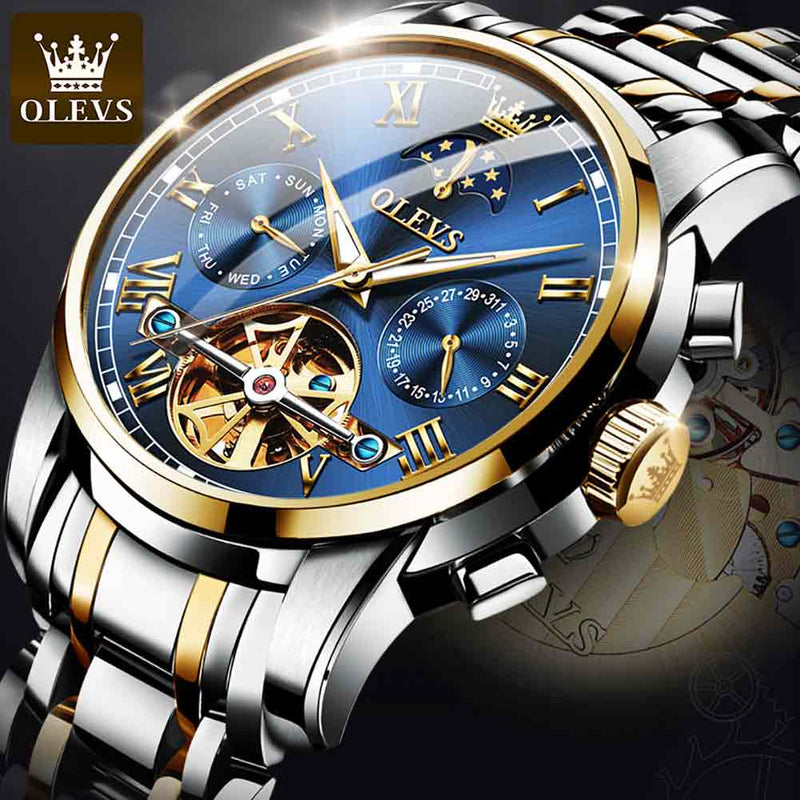 OLEVS Men's Watch Automatic Mechanical Watch Stainless Top Brand Luxury Moon phase SkeletonTourbillon Wristwatch