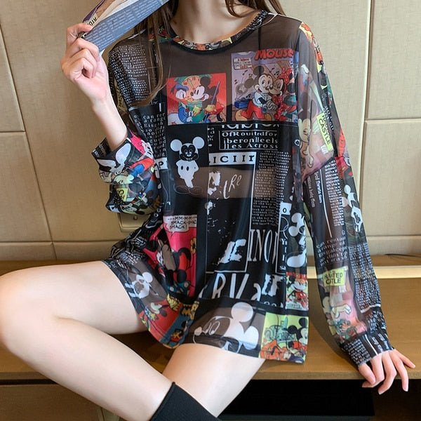 Anime Large / XL  Mesh Shirt Women Lightweight Sheer Transparent Long Sleeve Blouse Ladies T-shirt