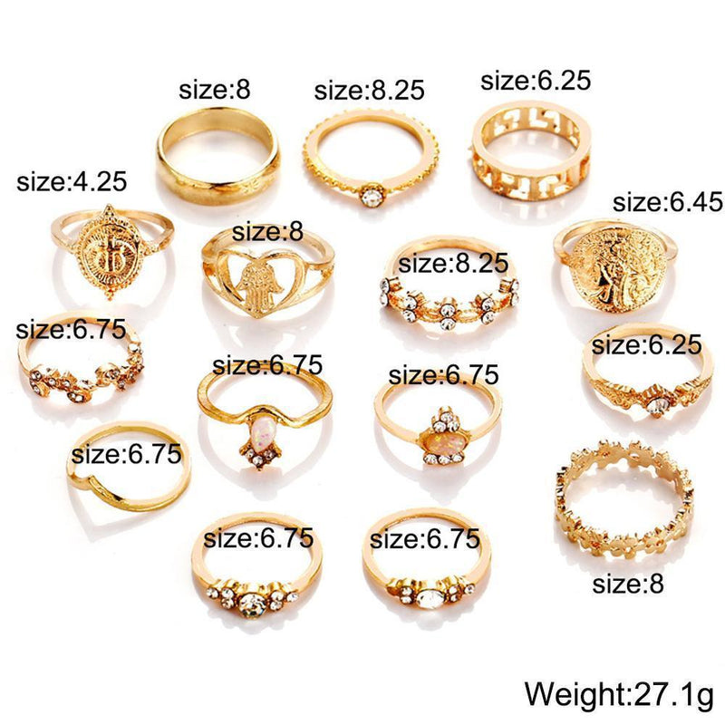 15 Piece Assorted Ring Set With Austrian Crystals 18K Gold Plated Ring