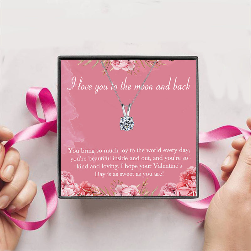 18K White Gold Plated Classic Solitaire Necklace "I Love You To The Moon & Back" Valentines Card Message