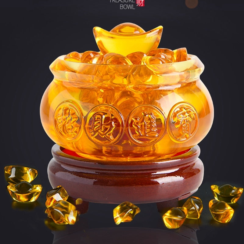 Yellow Crystal Glaze Chinese Fengshui Dragon Treasure Bowl Statue