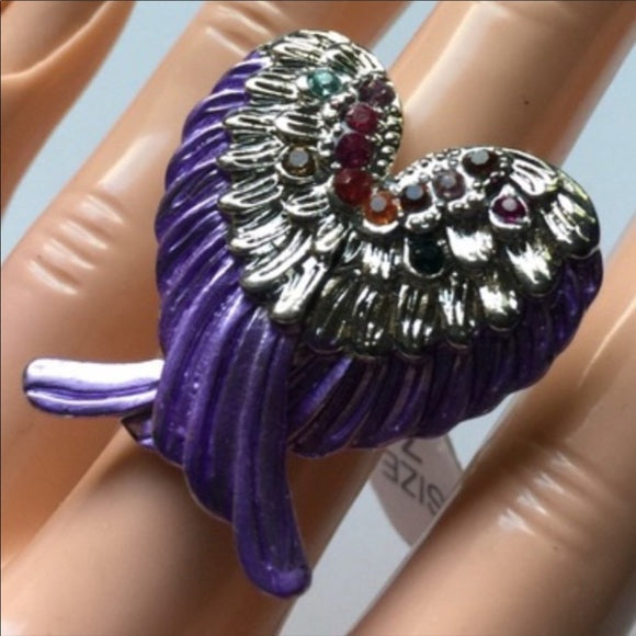 BRAND NEW BIG CHUNKY STATEMENT ADJUSTABLE RING💍. Fashion Jewelry Women's Beautiful purple Angel 😇 Wing design with gemstones 💎 - Findsbyjune.com