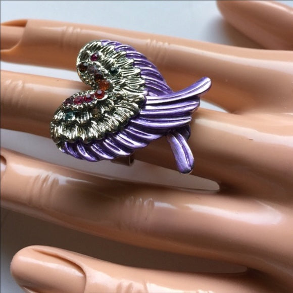 BRAND NEW BIG CHUNKY STATEMENT ADJUSTABLE RING💍. Fashion Jewelry Women's Beautiful purple Angel 😇 Wing design with gemstones 💎 - Findsbyjune.com
